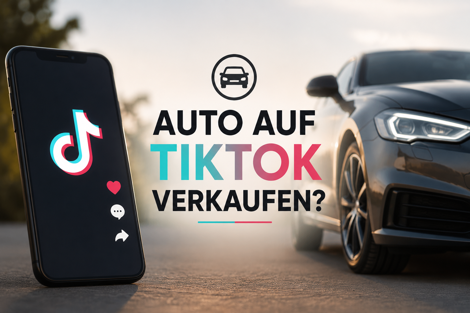 Smartphone mit TikTok-App neben einem Gebrauchtwagen - Symbolbild zum Thema Auto auf TikTok verkaufen und Fahrzeugverkauf über Social Media.