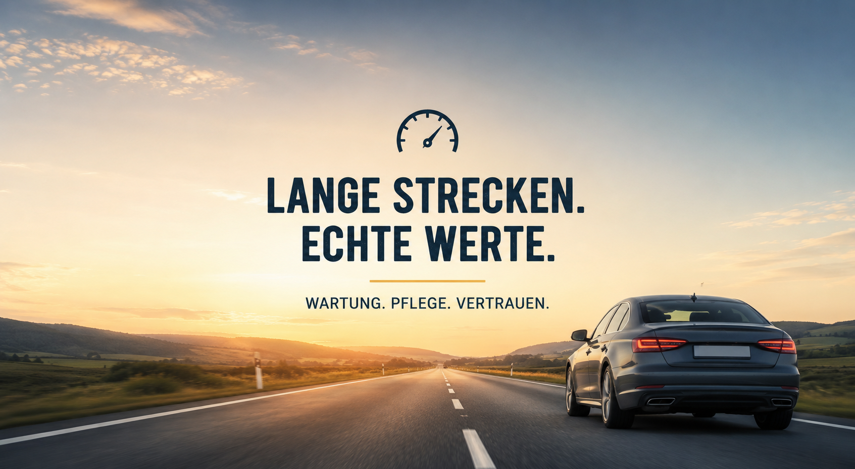 Modernes Auto auf einer langen Landstraße bei Sonnenaufgang als Symbol für hohe Laufleistung und langlebige Fahrzeuge - Ratgeber zum Verkauf eines Autos mit vielen Kilometern.