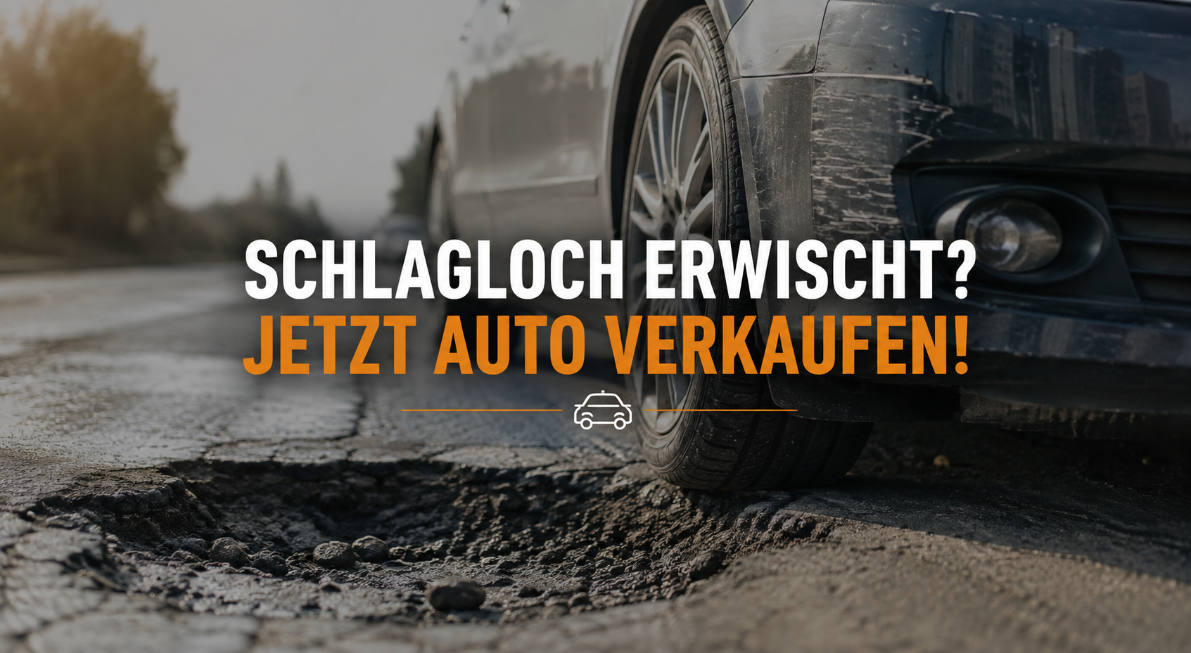 Auto mit beschädigter Felge an einem Schlagloch - Fahrzeug nach Straßenschaden verkaufen mit Autoankauf ADAM.