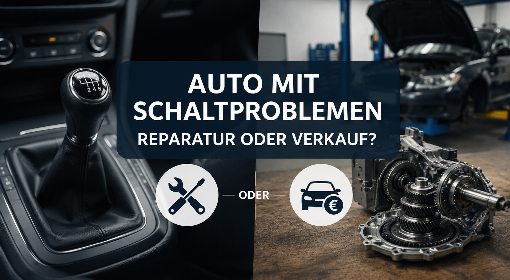 Schaltknauf und geöffnetes Getriebe in einer Werkstatt - Ratgeber zum Verkauf eines Autos mit Schaltproblemen oder Getriebeschaden.
