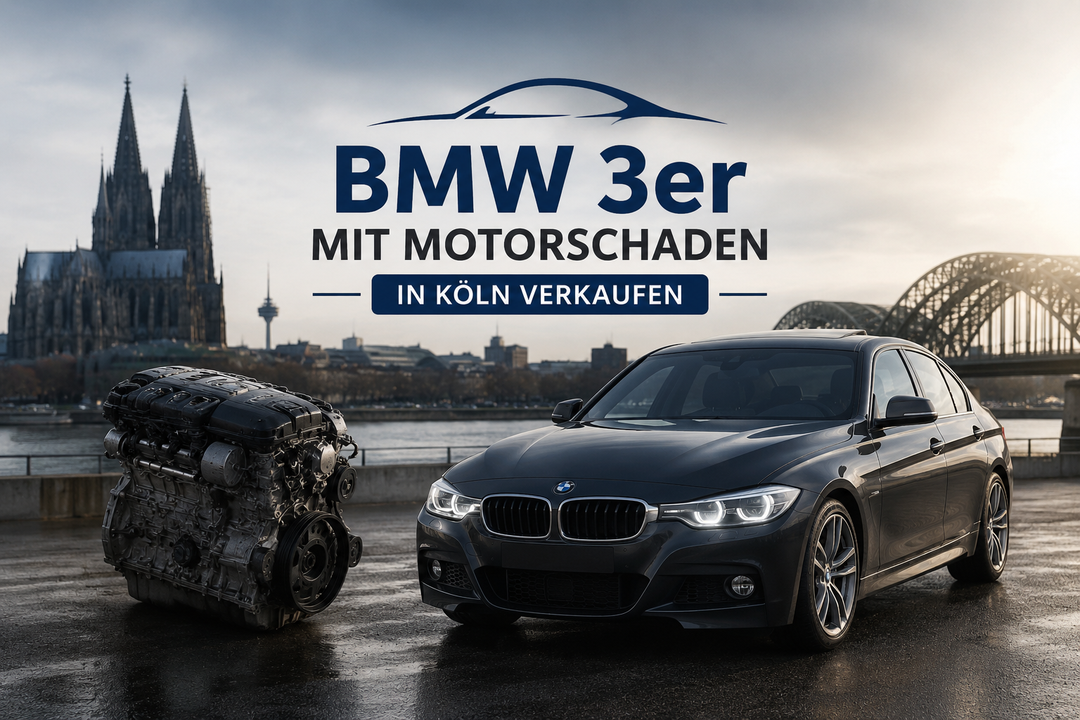 BMW 3er mit Motorschaden in Köln verkaufen - Fahrzeug mit defektem Motor vor Kölner Skyline