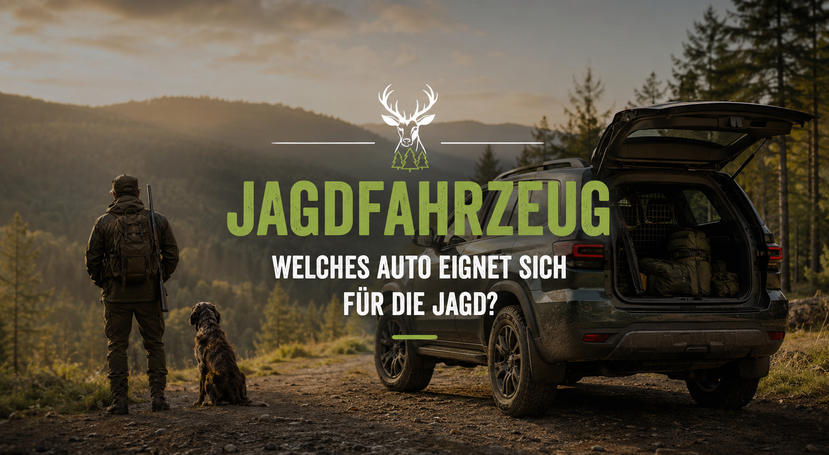 Jagdfahrzeug als Geländewagen im Wald mit Jäger und Hund - Tipps zur Wahl des passenden Autos für die Jagd.