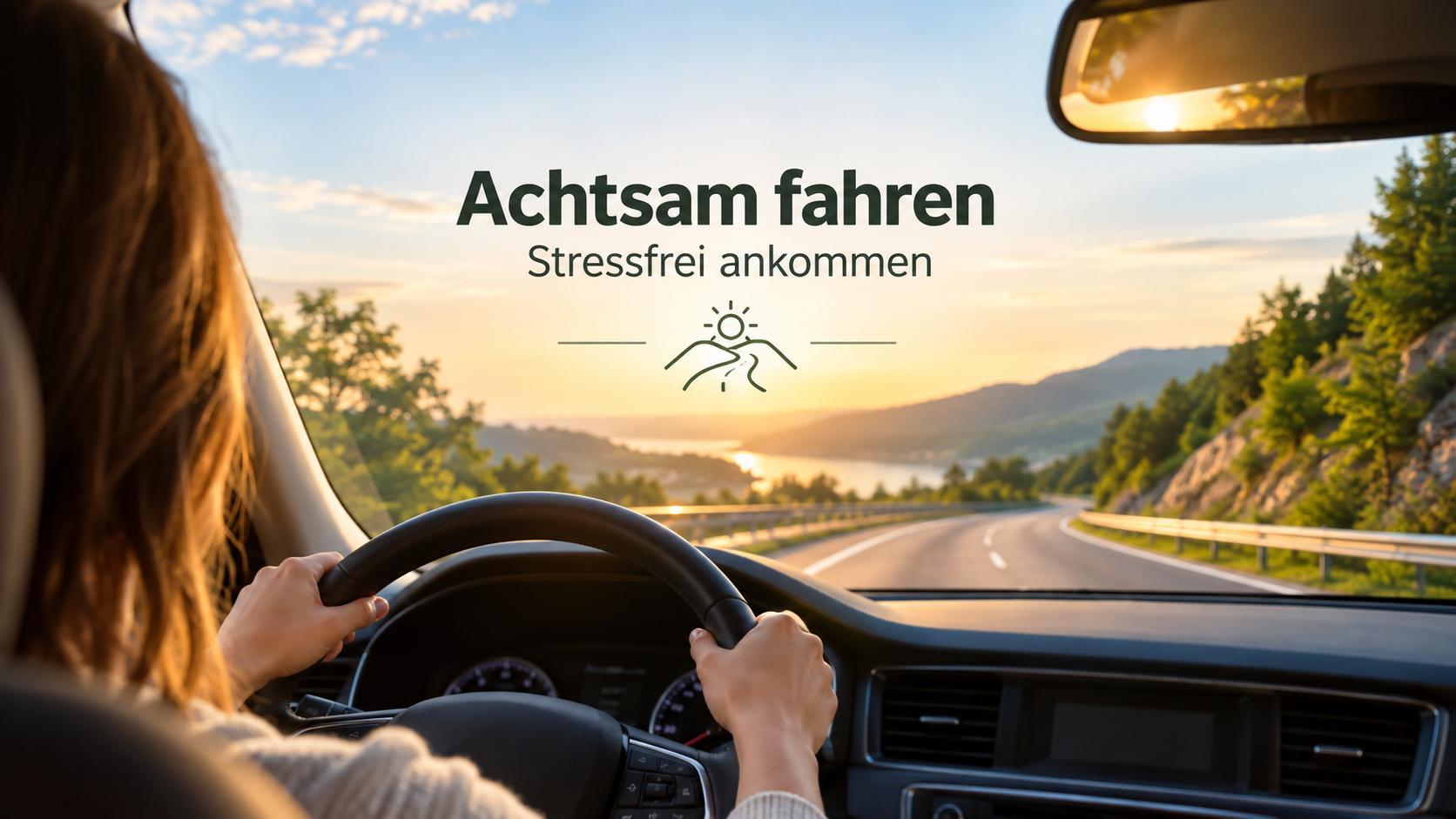 Achtsam Auto fahren und stressfrei ankommen - entspannte Autofahrt auf einer ruhigen Straße bei Sonnenuntergang.