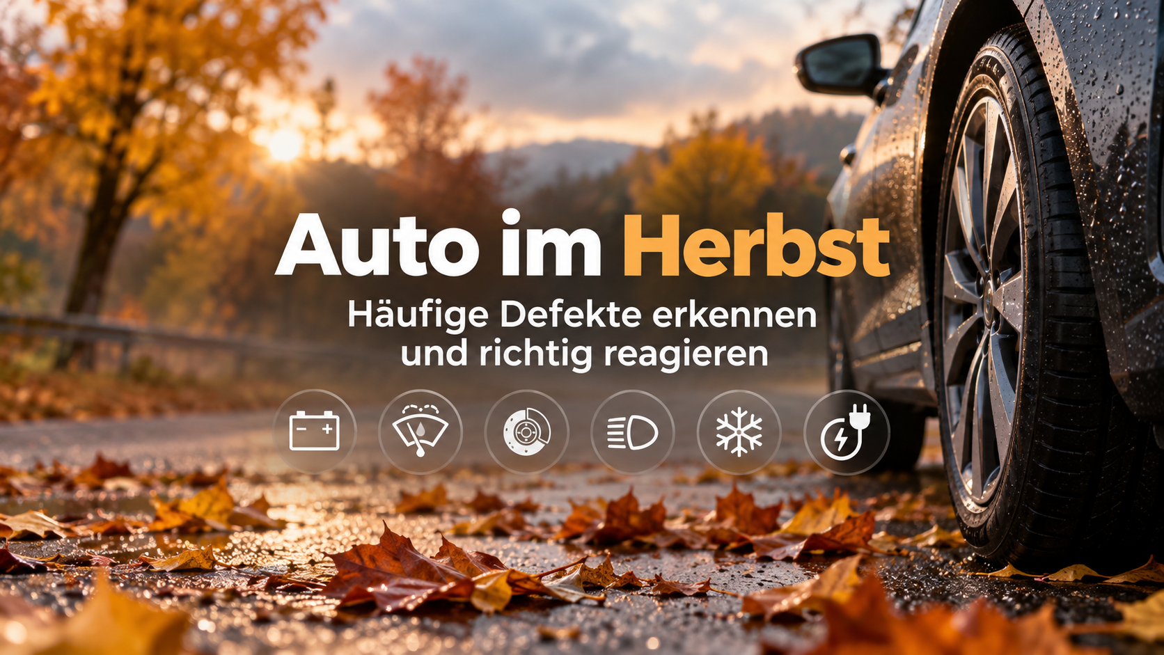 Auto im Herbst auf nasser Straße mit Herbstlaub - häufige Defekte an Batterie, Bremsen, Beleuchtung und Elektronik erkennen.