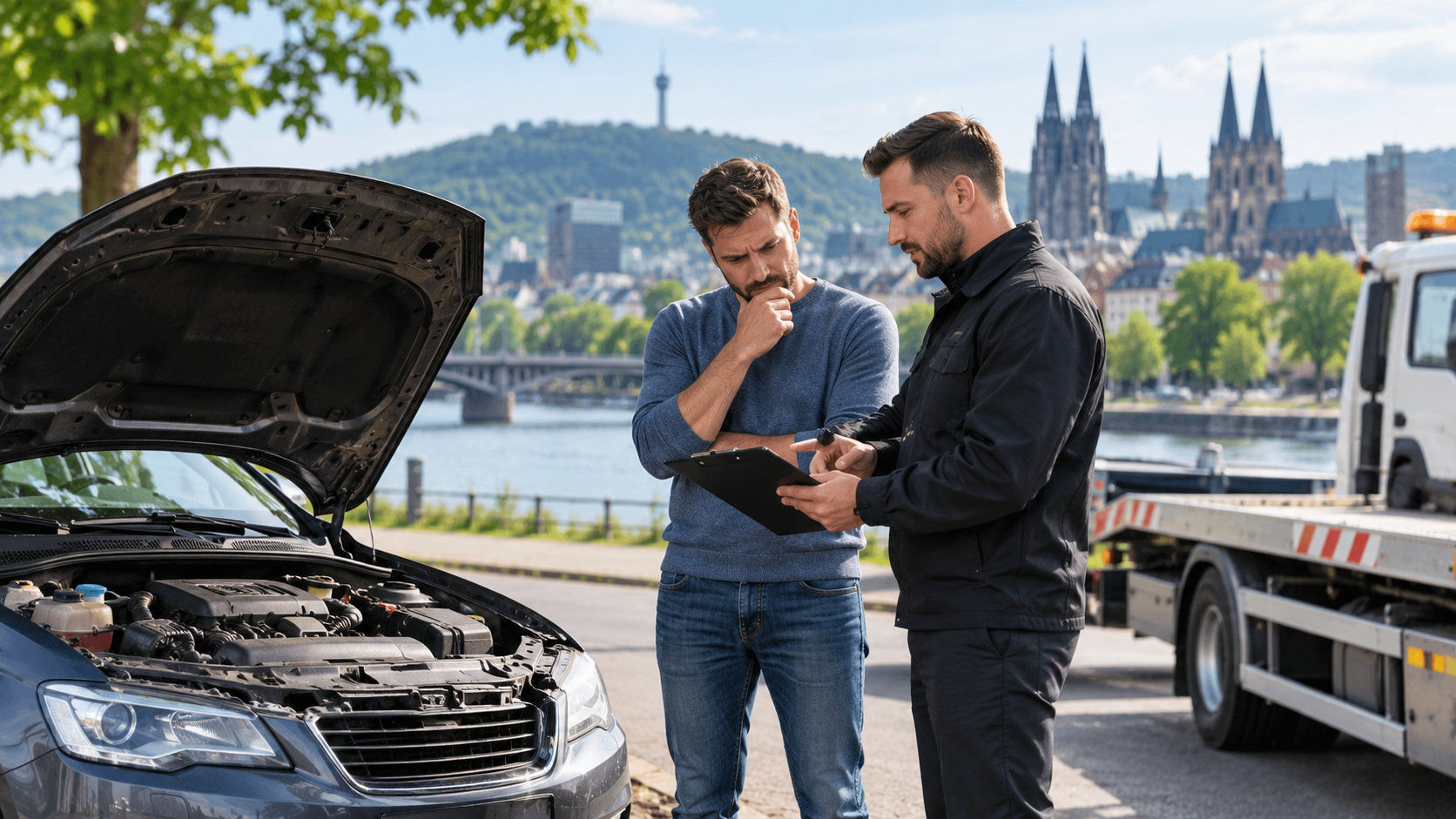 Defektes Auto in Bonn verkaufen - Fahrzeug mit geöffneter Motorhaube bei der Begutachtung durch Autoankauf ADAM.