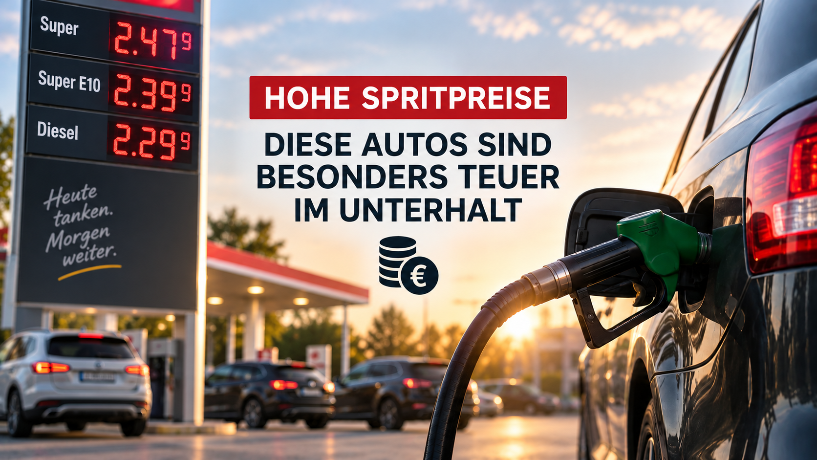 Hohe Spritpreise an einer Tankstelle - verbrauchsstarke Autos sind besonders teuer im Unterhalt.