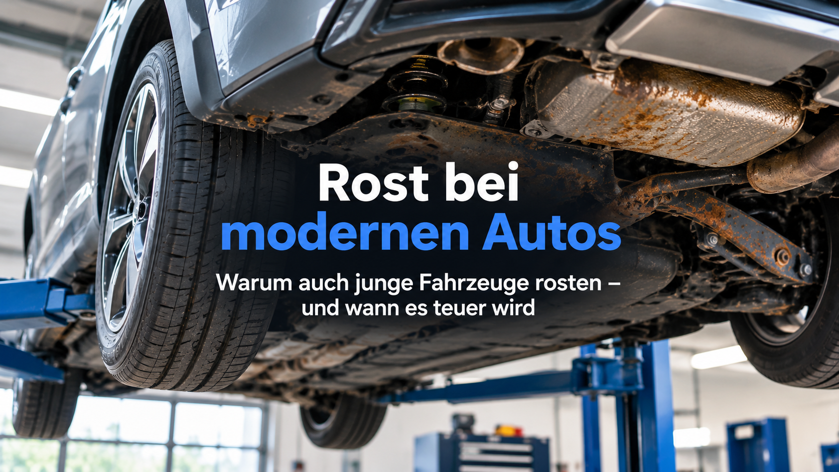 Modernes Auto auf einer Hebebühne mit sichtbaren Roststellen am Unterboden und Fahrwerk.