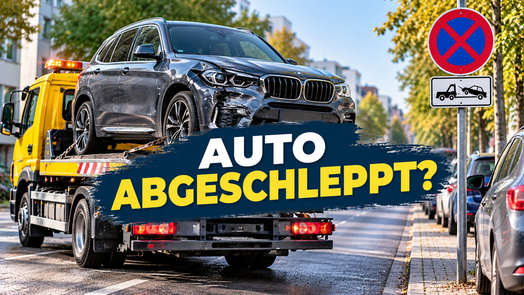 Beschädigter BMW SUV auf einem Abschleppwagen in einer Stadtstraße mit Halteverbotsschild - Tipps zu Abschleppschäden, Haftung und Abschleppkosten.