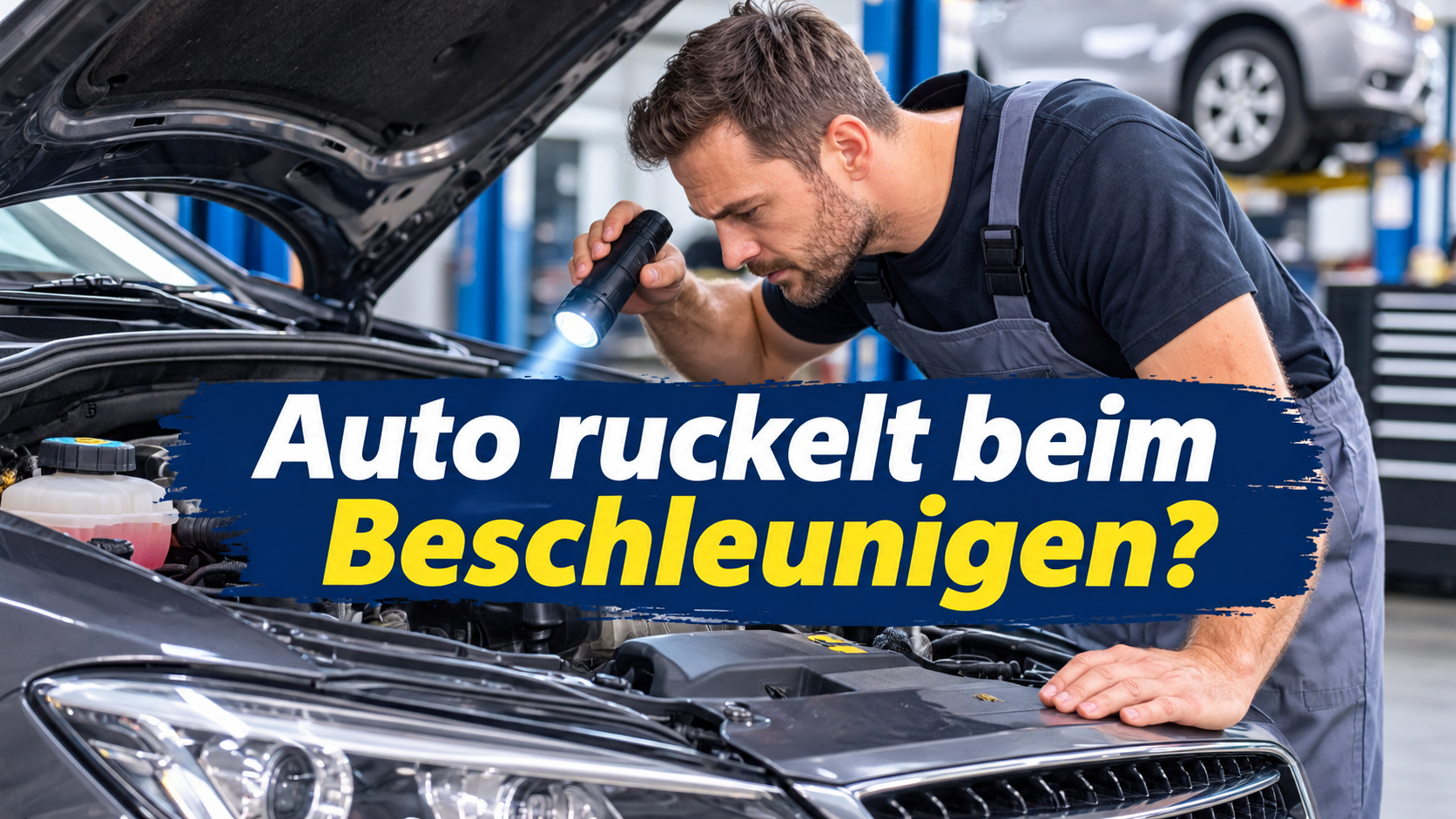 Mechaniker untersucht den Motor eines Autos mit geöffneter Motorhaube in einer Werkstatt - Auto ruckelt beim Beschleunigen: Ursachen und Reparaturmöglichkeiten.