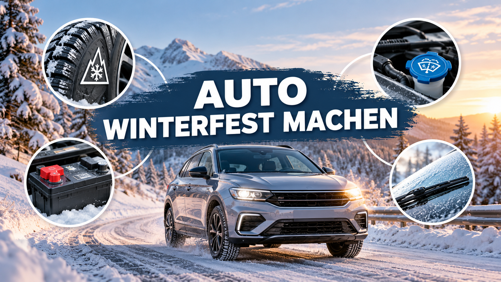 Silbernes Auto auf verschneiter Straße mit Winterreifen, Autobatterie, Frostschutz und Scheibenwischern - Tipps zum Auto winterfest machen.