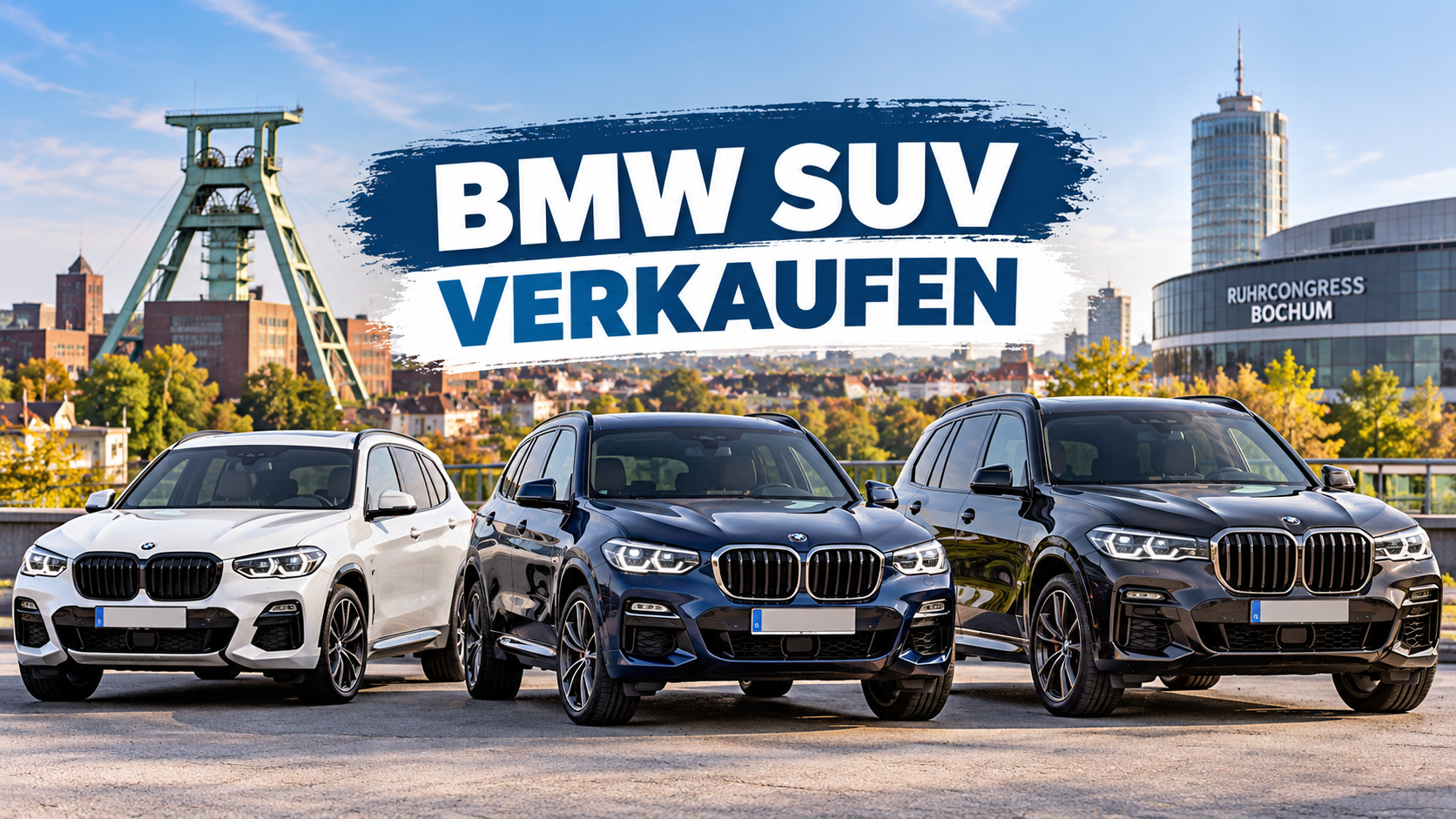 Drei BMW SUV in Weiß, Dunkelblau und Schwarz vor der Bochumer Stadtkulisse - BMW X1, X3 und X5 bei Autoankauf ADAM verkaufen.