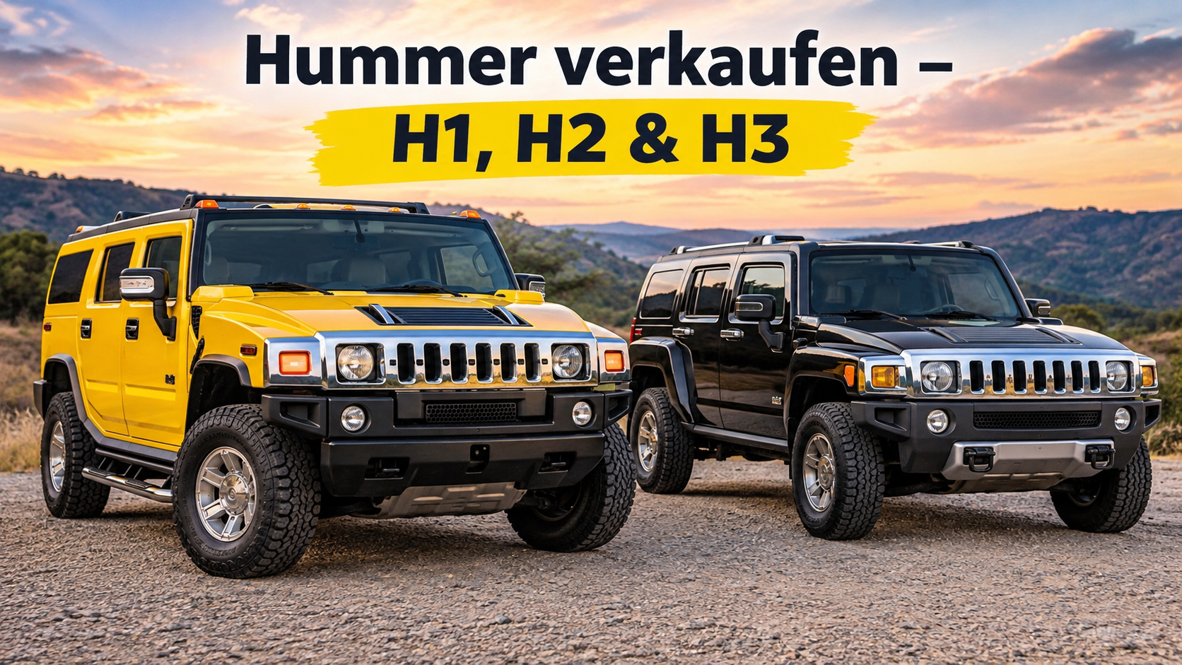 Gelber Hummer H2 und schwarzer Hummer H3 - Hummer H1, H2 und H3 bei Autoankauf ADAM verkaufen, auch mit Defekt oder hoher Laufleistung.