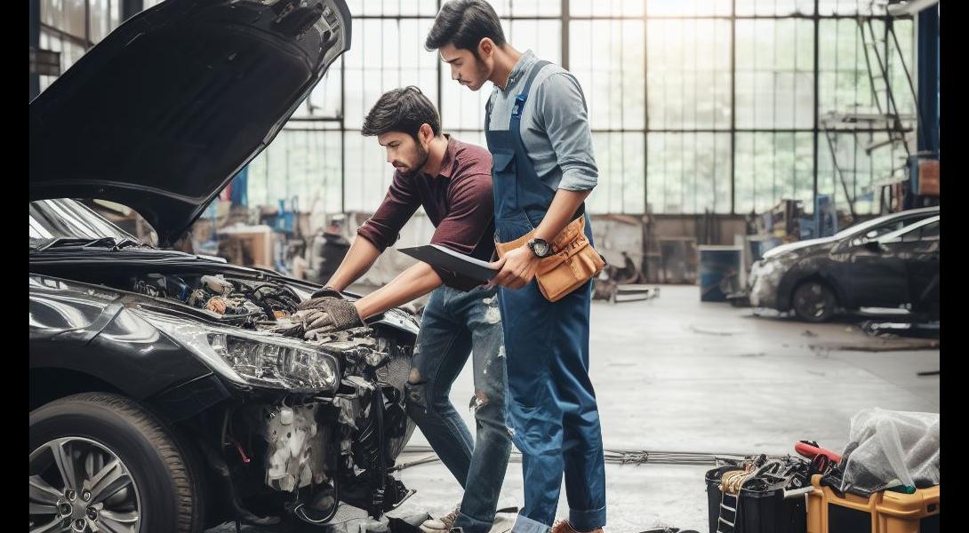 Ein defektes Auto steht in der Werkstatt und wird von zwei Mechanikern begutachtet