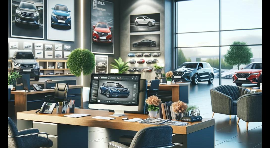 Das Bild zeigt ein modernes Büro eines Autohauses mit dem Schreibtisch eines Autoverkäufers