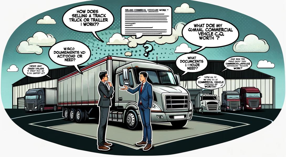 Comic-Bild: Verkauf von Nutzfahrzeugen mit Fragen zu Prozess, nötigen Dokumenten und Fahrzeugwert, im Hintergrund verschiedene Fahrzeuge.