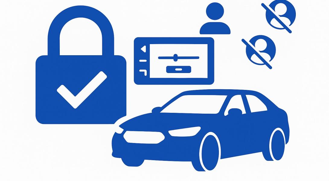 Symbolgrafik zur sicheren Datenlöschung im Auto vor dem Verkauf – mit Infotainmentsystem, Benutzer-Icons und Check-Symbol im Flat-Design.