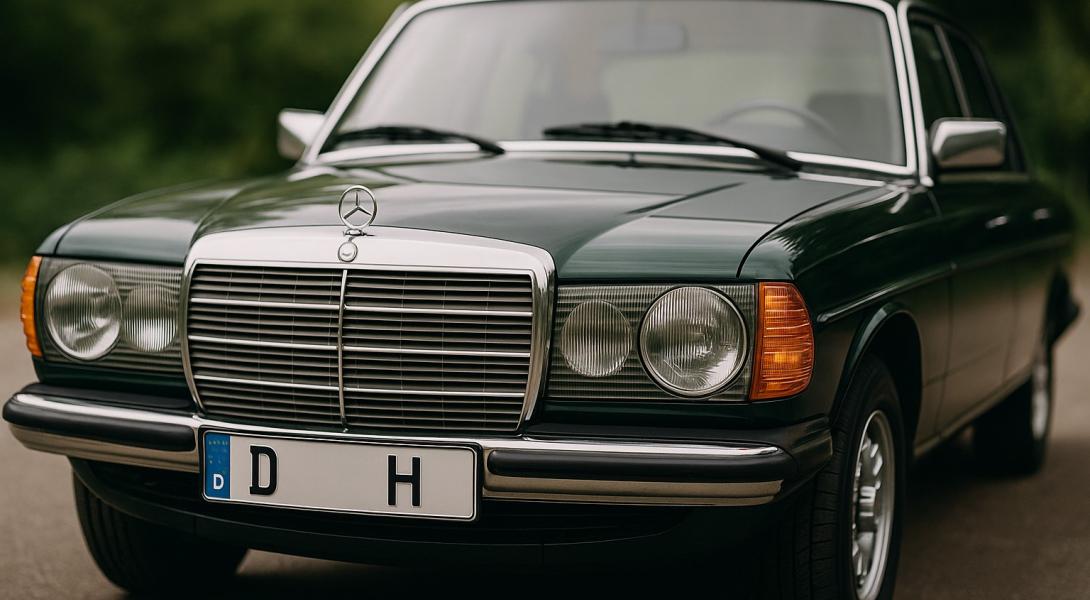 Klassischer Mercedes mit H-Kennzeichen, glänzendem Lack und Chromdetails – perfekt gepflegter Oldtimer vor grünem Naturhintergrund.