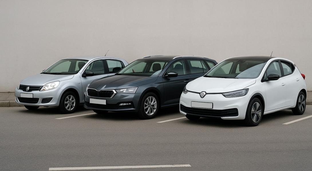 Neutrales Vergleichsbild: Ein Kleinwagen, ein Familienkombi und ein Elektroauto nebeneinander geparkt – symbolisch für Benzin, Diesel und Elektro.