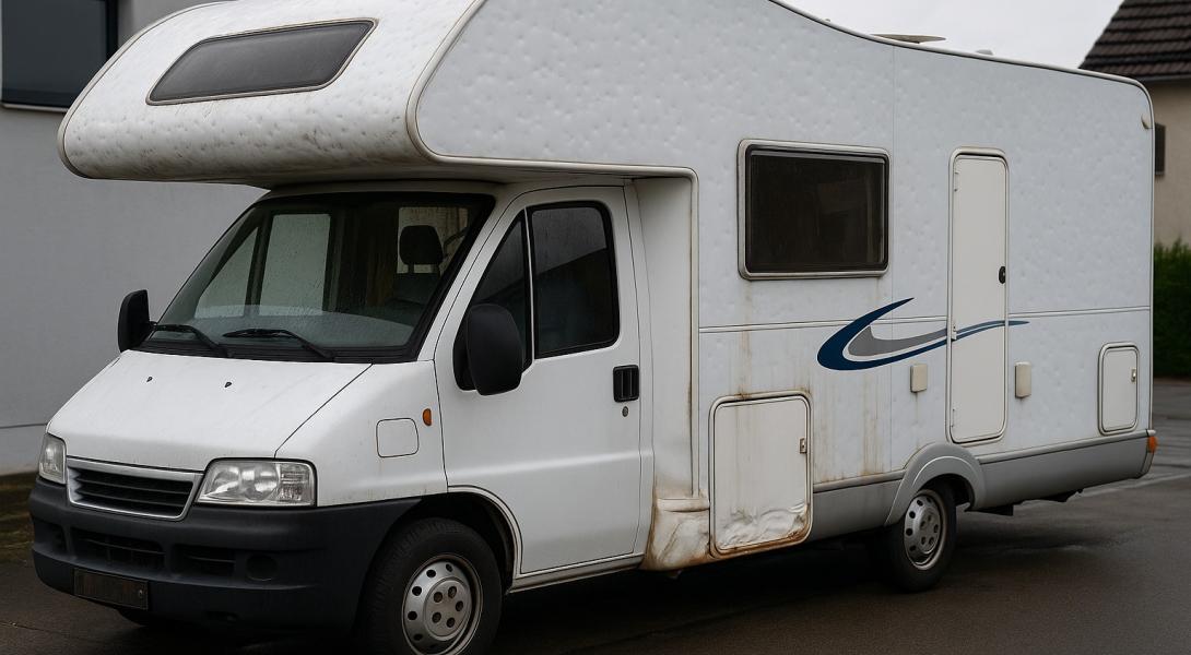 Wohnmobil mit deutlichen Hagel- und Wasserschäden, geparkt auf einem nassen Asphaltplatz bei trübem Wetter.