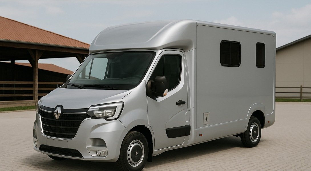 Moderner silberner Pferdetransporter ohne Beschriftung auf einem Reiterhof. Ideal für Verkauf, Transport und professionelle Fahrzeugpräsentation.