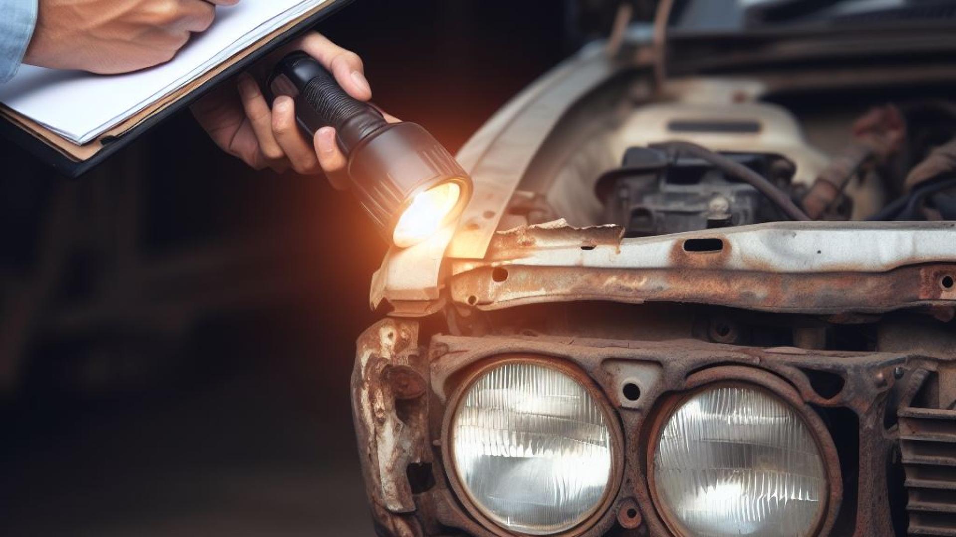 Ein Autoexperte geht mit der Taschenlampe und einer Checkliste vor dem Autoankauf um das Auto
