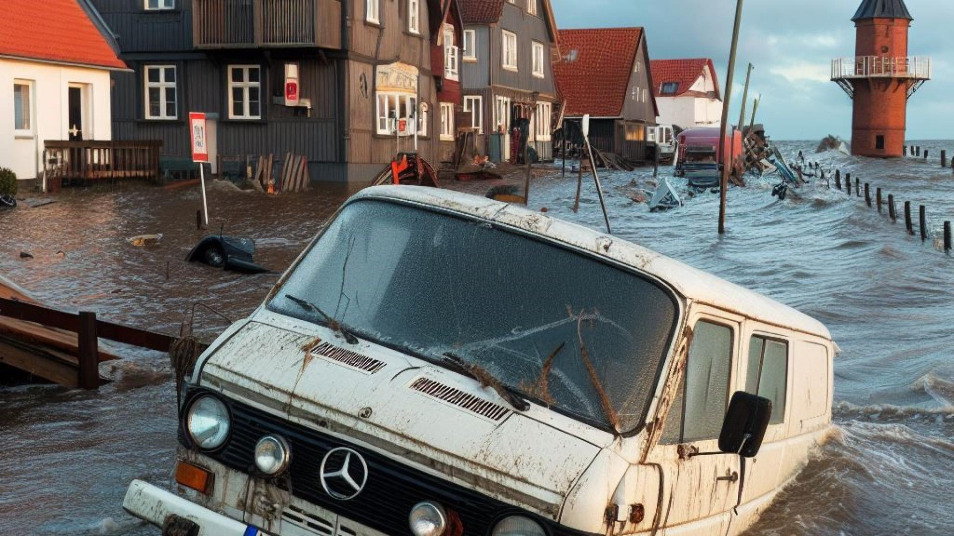 Das Bild zeigt eine Szene an der Ostseeküste, wo eine Sturmflut und ein Hochwasser viele Fahrzeuge beschädigt haben. Einige Autos sind teilweise oder ganz unter Wasser getaucht, andere sind umgestürzt oder haben Schäden an der Karosserie
