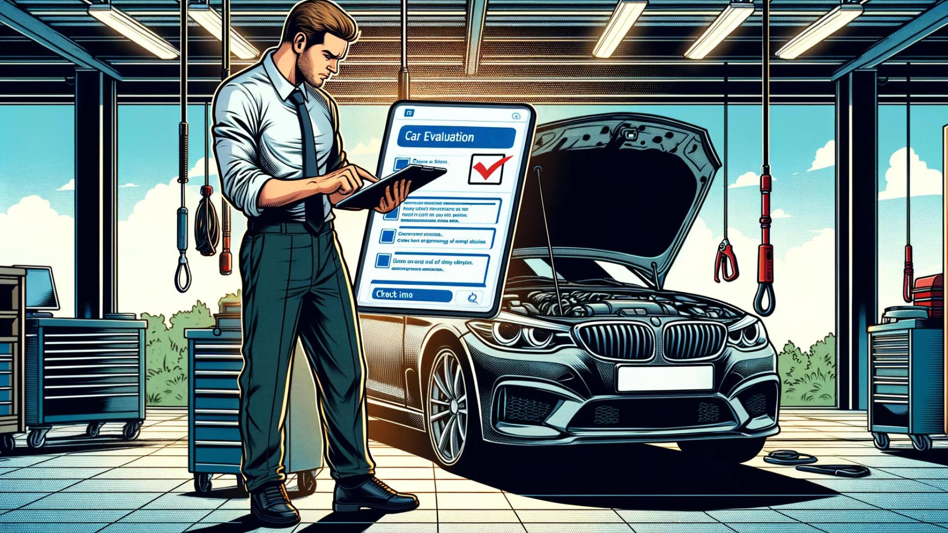 Das Bild repräsentiert eine Illustration der Überprüfung des Autoangebotes vom Kunden