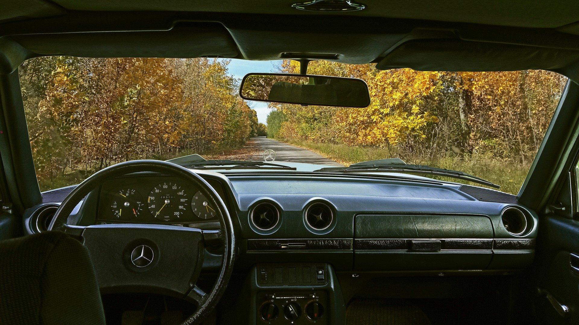 Fahrt in einem Mercedes Auto durch bewälderte Landschaft aus Sicht des Fahrers