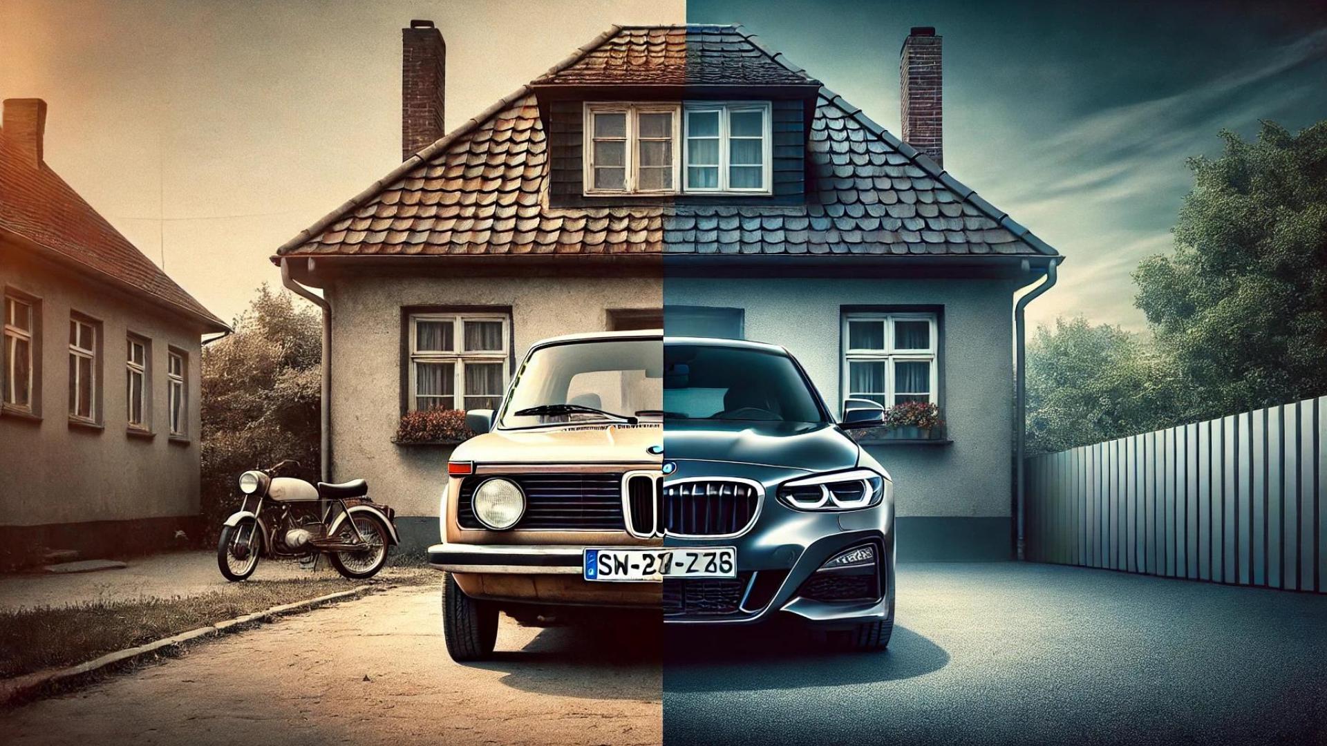 Geteiltes Bild: links steht ein BMW 1er aus den 1980er Jahren und rechts ein modernes Modell aus der heutigen Zeit
