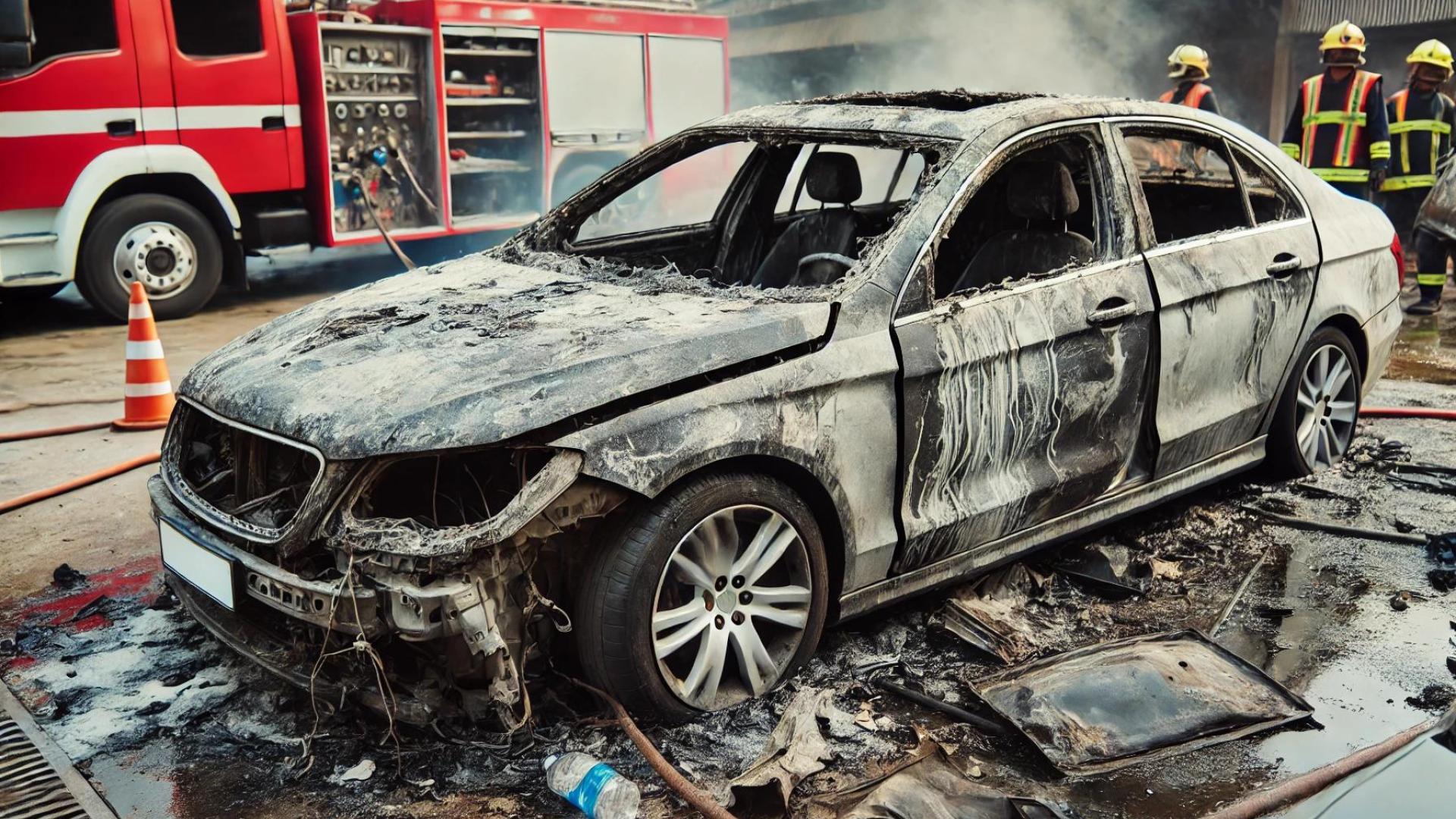 Das Bild zeigt ein Auto mit Brandschaden und die Feuerwehr im Hintergrund