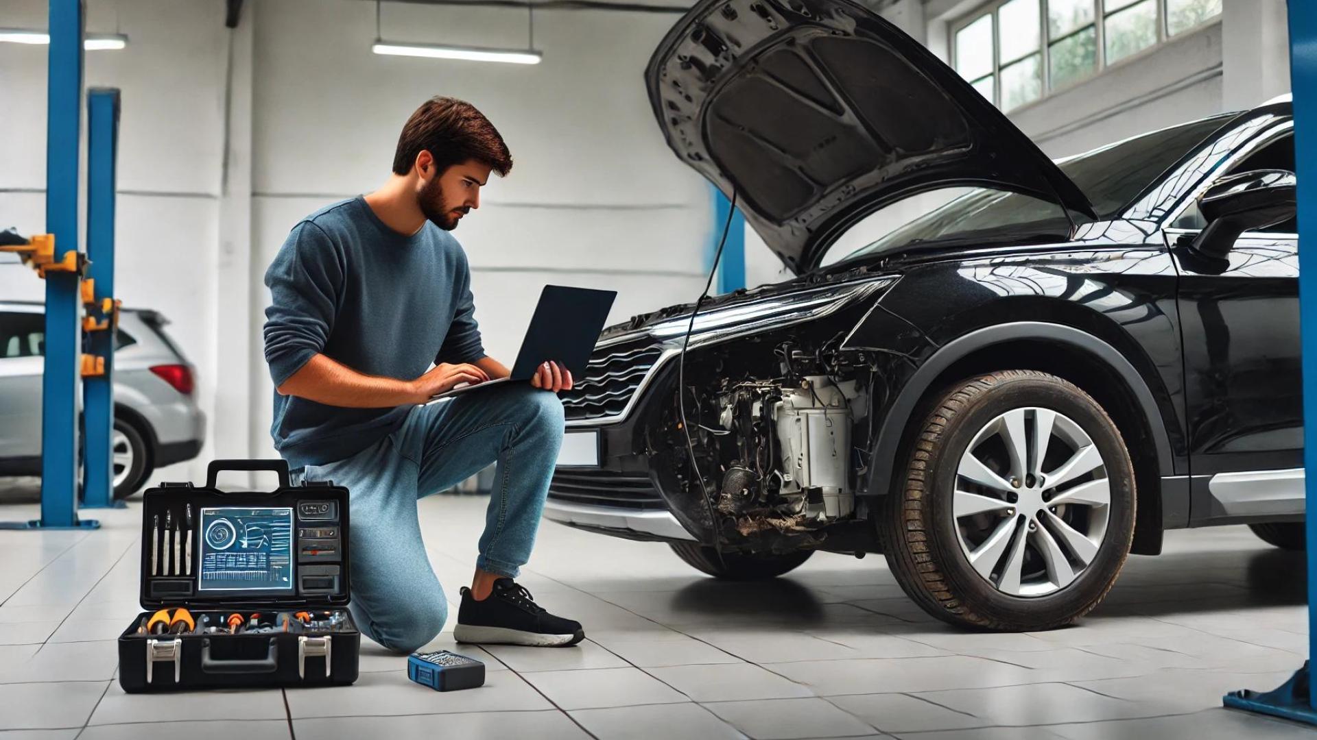 Das Bild zeigt einen Gutachter, der neben einem schwarzen Auto mit beschädigter Front kniet und konzentriert auf einen Laptop schaut. Der Techniker trägt ein schlichtes Outfit, bestehend aus einem dunkelgrauen Pullover und Jeans.