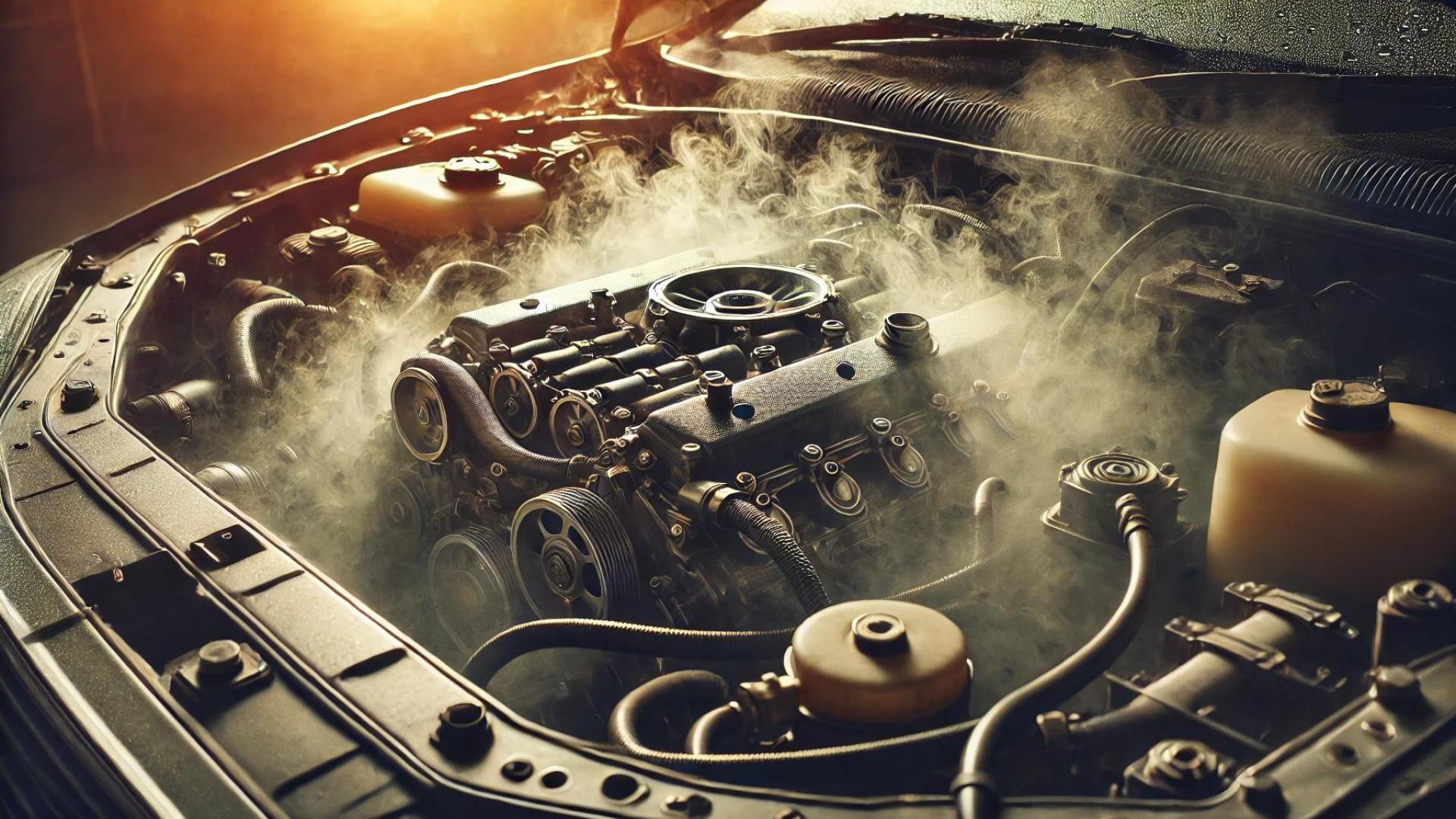 Das Bild zeigt eine Nahaufnahme eines Motorraums, aus dem Rauch aufsteigt – ein klares Anzeichen für eine Überhitzung oder einen Motorschaden