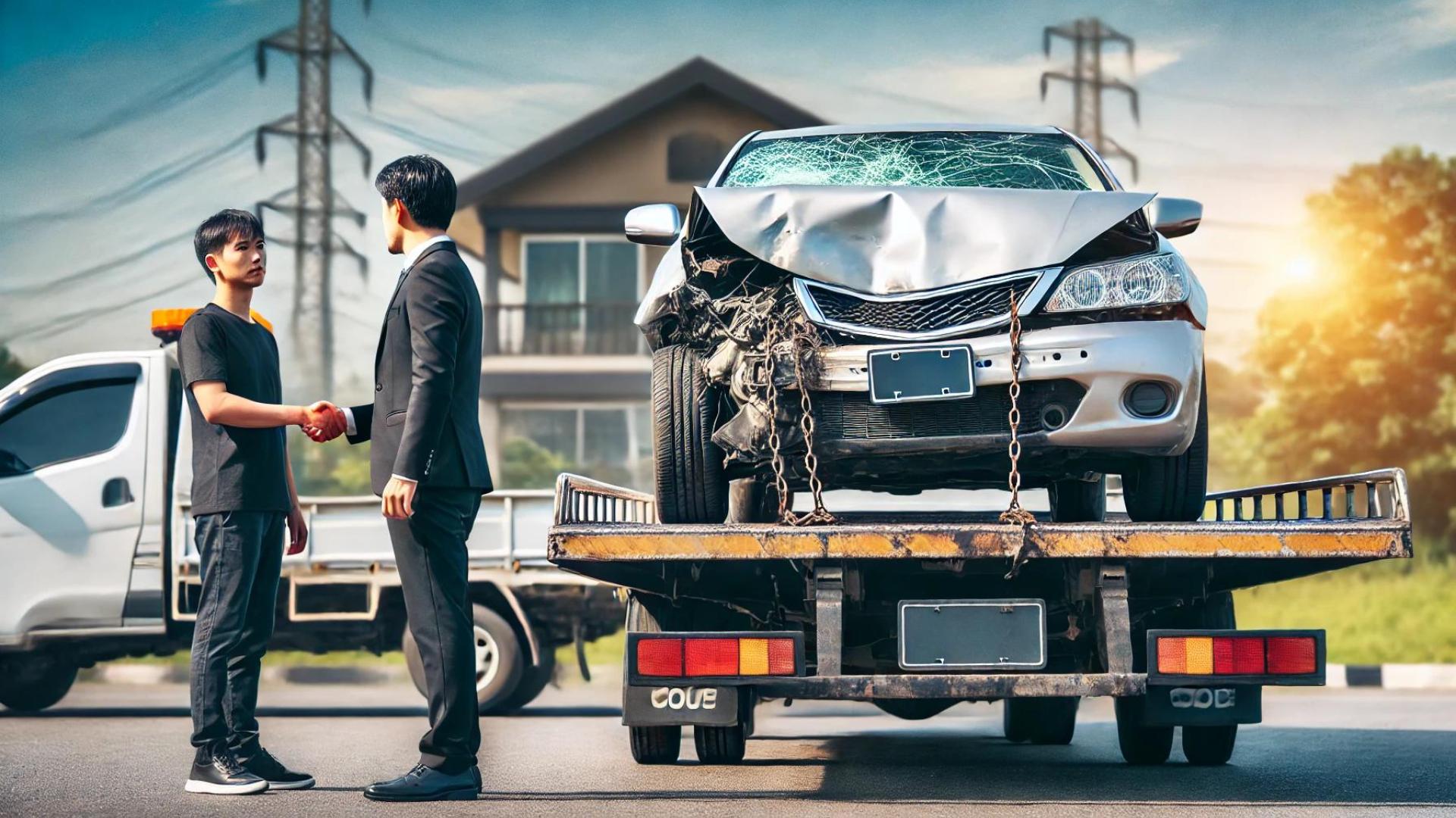 Ein beschädigtes Auto auf einem Abschleppwagen, der Händler und der zufriedene Verkäufer stehen einander gegenüber, und die Umgebung wirkt vertrauenswürdig und professionell.