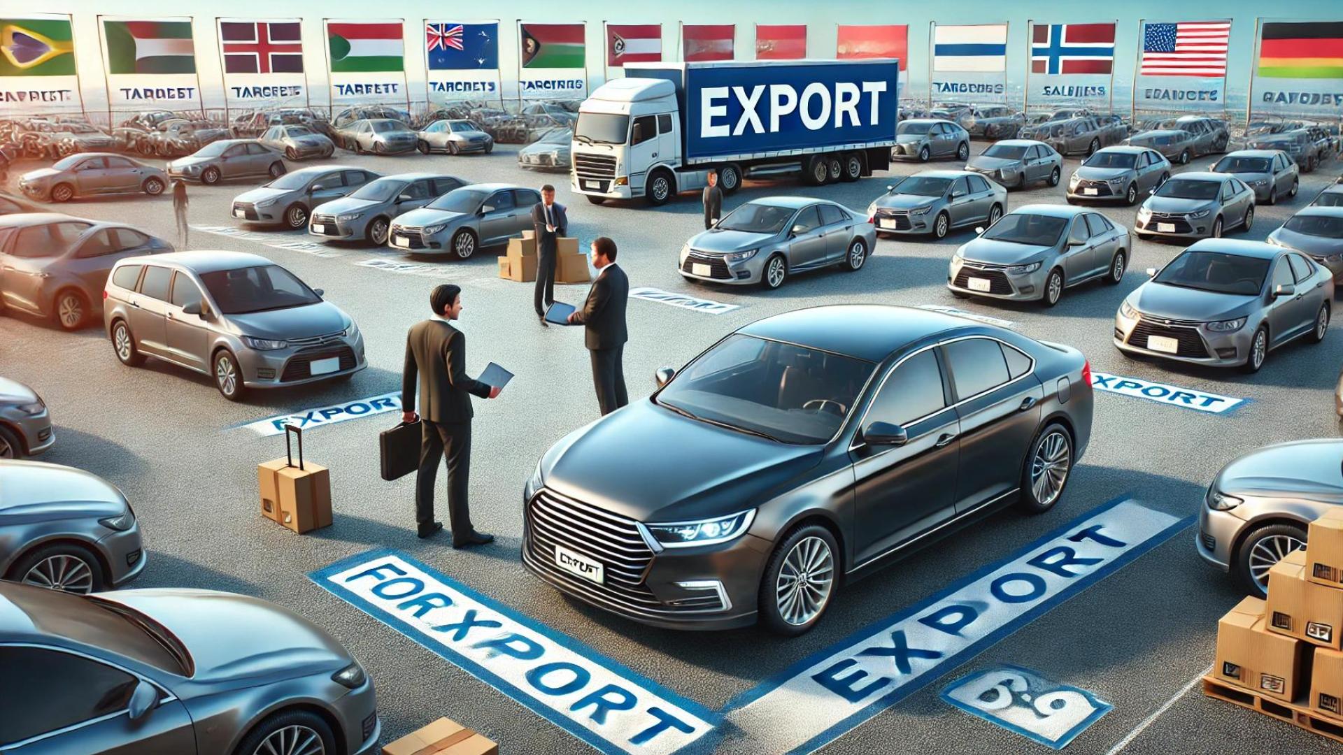 Ein Auto, das für den Export verkauft wird, steht auf einem befestigten Parkplatz, umgeben von mehreren anderen Fahrzeugen, die ebenfalls für den Export bereit sind. Das Auto ist gut gepflegt. Im Hintergrund sieht man einen Verkaufsbereich mit Schildern und Anzeigen, die verschiedene Zielmärkte und Länder hervorheben. Ein Verkäufer und ein Käufer stehen nebeneinander und besprechen Details, während der Käufer aufmerksam das Auto inspiziert.
