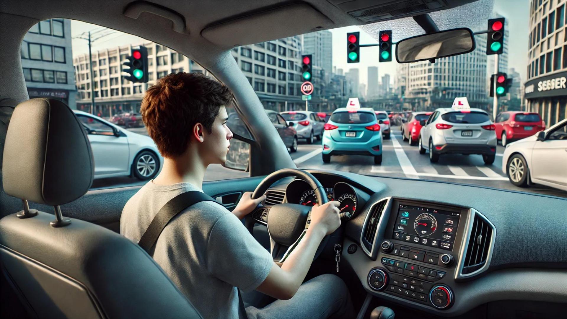 Der Fahrschüler sitzt konzentriert am Steuer, die Hände fest um das Lenkrad gelegt, die Augen nach vorne auf die Kreuzung gerichtet. Es ist ein normaler Wochentag, und der Verkehr fließt mäßig, während die Autos an den Ampeln warten. Neben ihm sitzt der Fahrlehrer