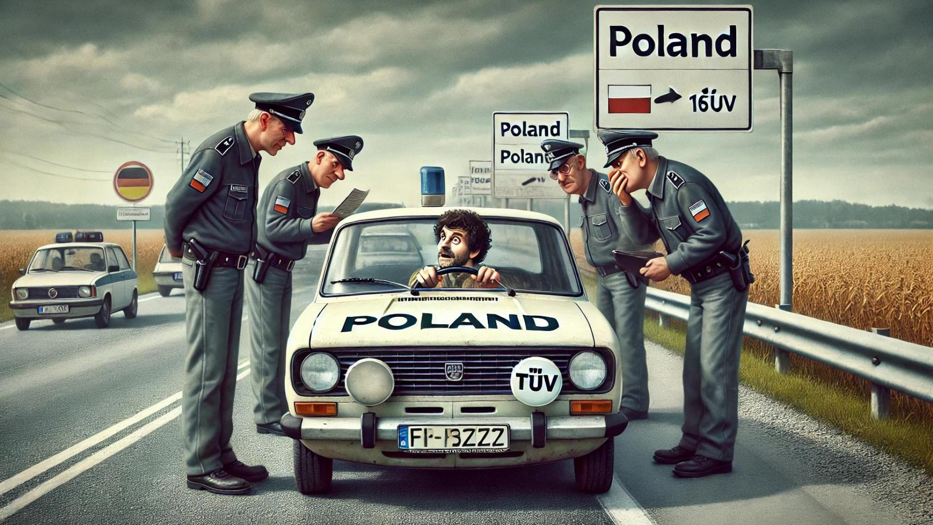 Ein humorvolles Bild zeigt, wie die deutsche Polizei einen Autofahrer auf dem Weg nach Polen anhält