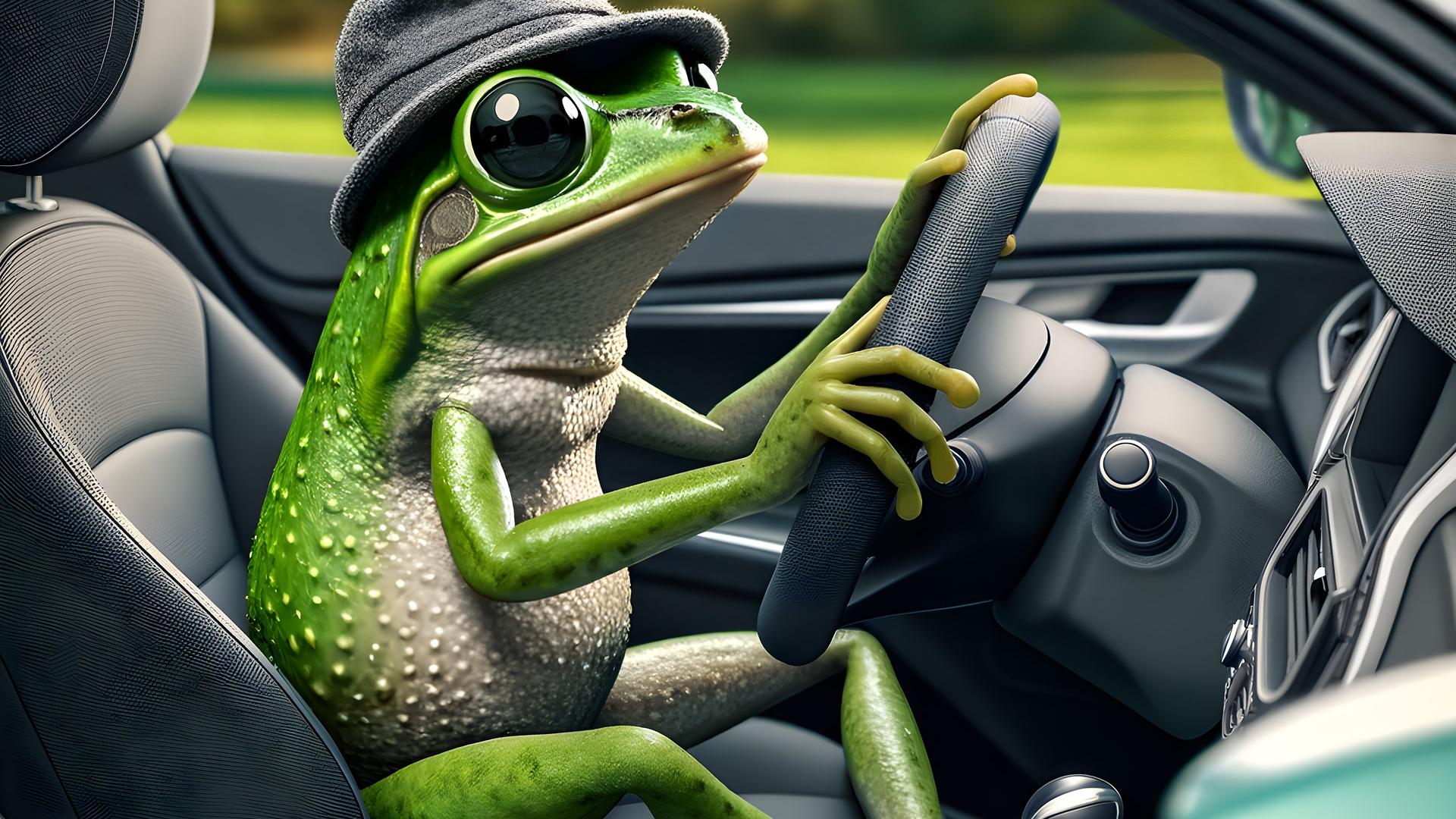 ai-generated_frog_drive_car_nature_animal_humor_vehicle_best-car_automobile_trip_funny_fantasy_travel