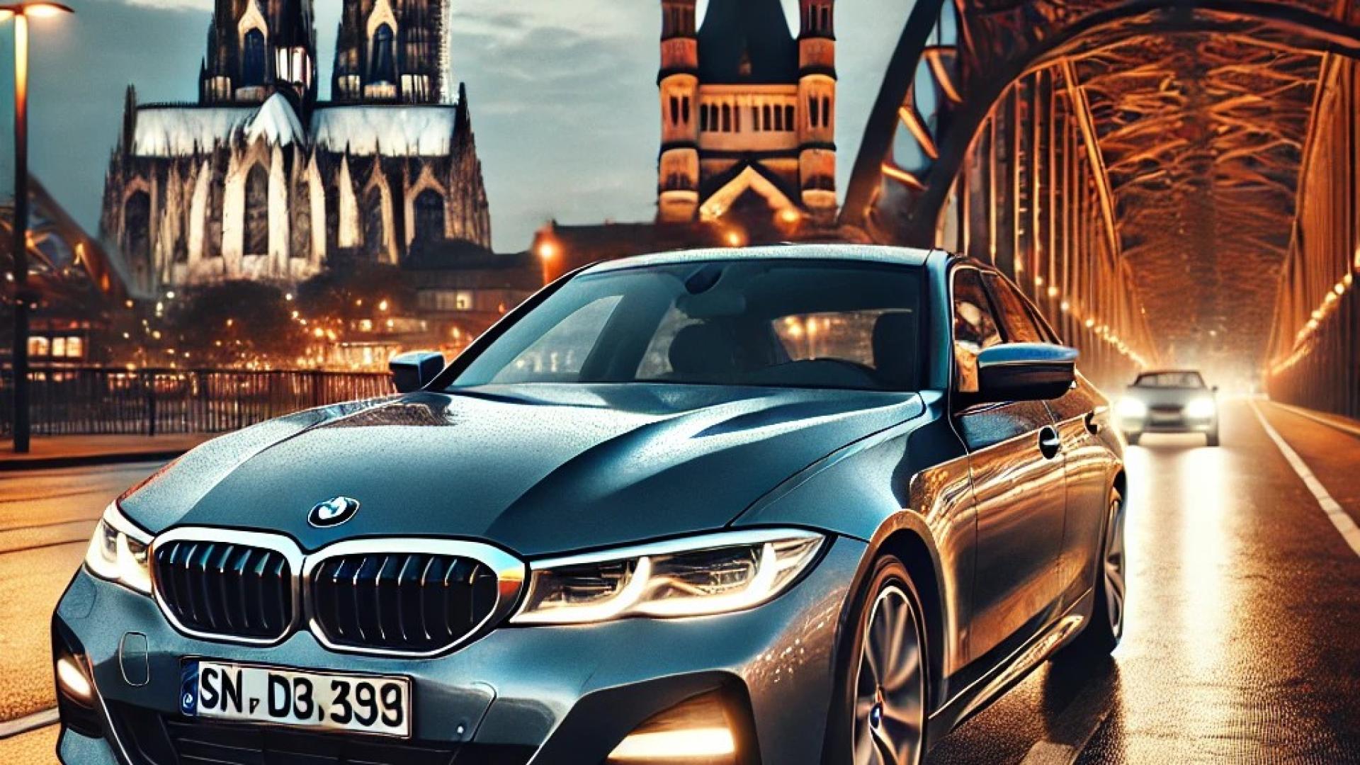 BMW 3er in Köln, mit dem Kölner Dom und der Hohenzollernbrücke im Hintergrund. 