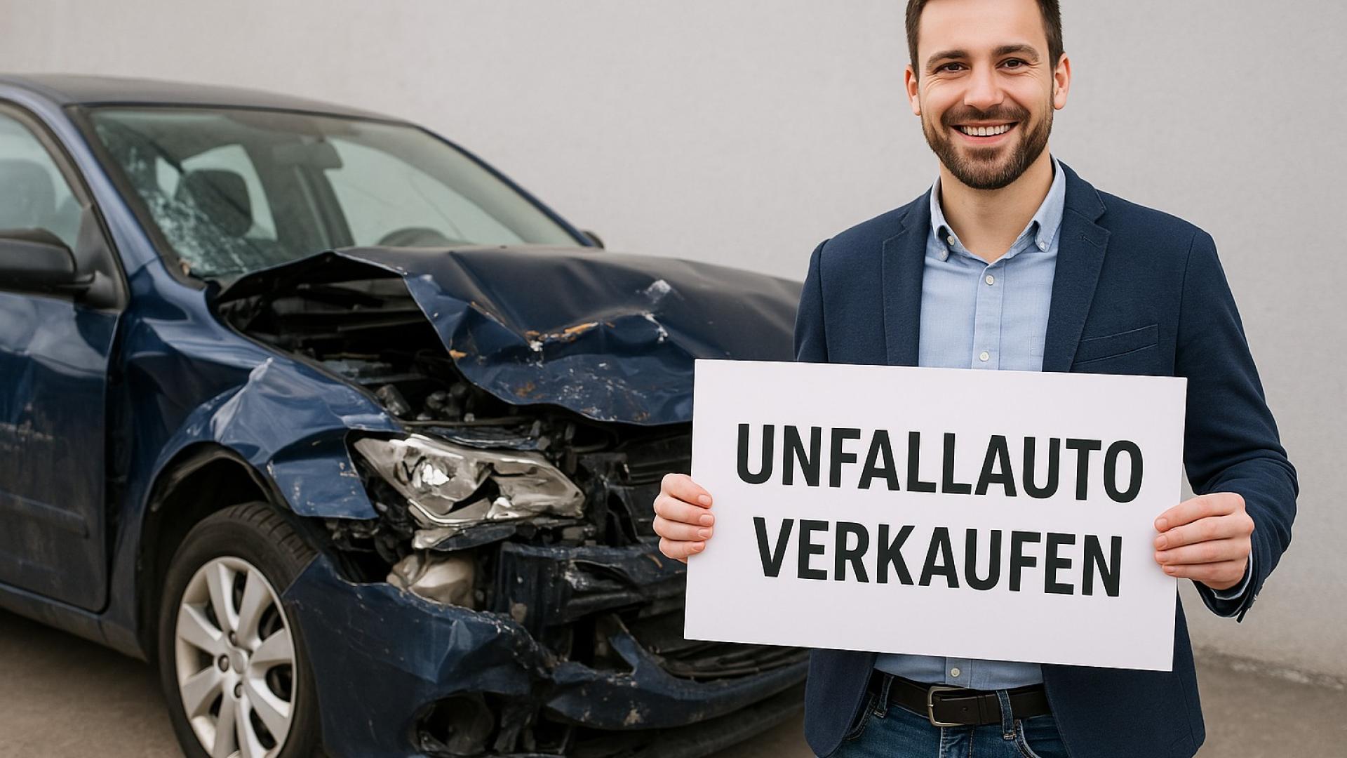 unfallwagen-schwarz_auto-defekt_auto-nach-unfall_mann-mit-aushang-unfallauto-verkaufen_unfallauto