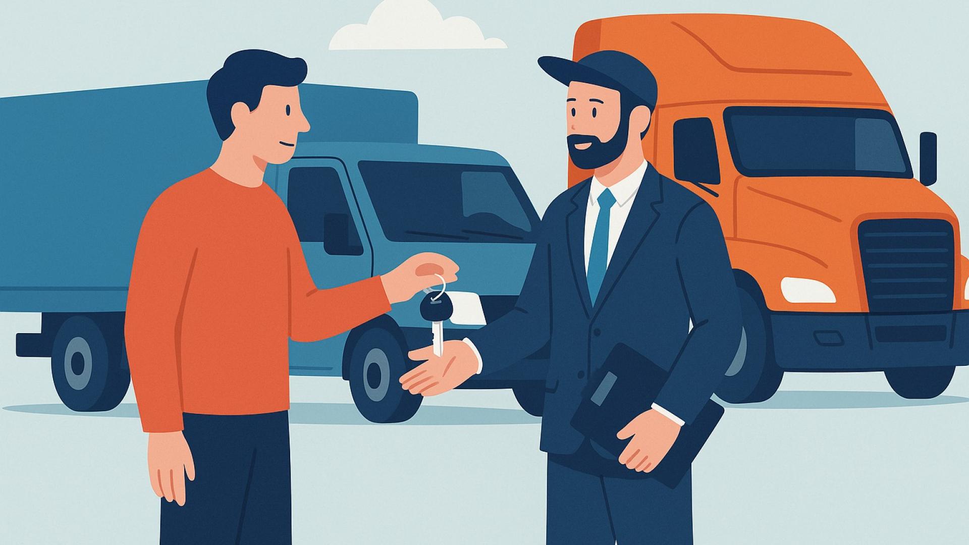 Illustration: Schlüsselübergabe zwischen Verkäufer und Händler vor Transporter und Lkw – Symbolbild für schnellen Fahrzeugverkauf in Wuppertal.
