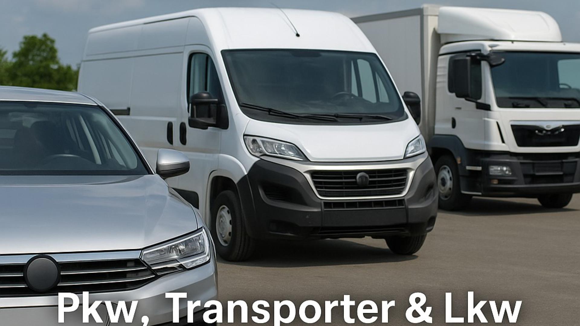 Werbebild für Autoankauf ADAM: Pkw, Transporter und Lkw auf einem Platz mit Werbetext ‚Auto für Export verkaufen – so klappt’s in Bochum!‘