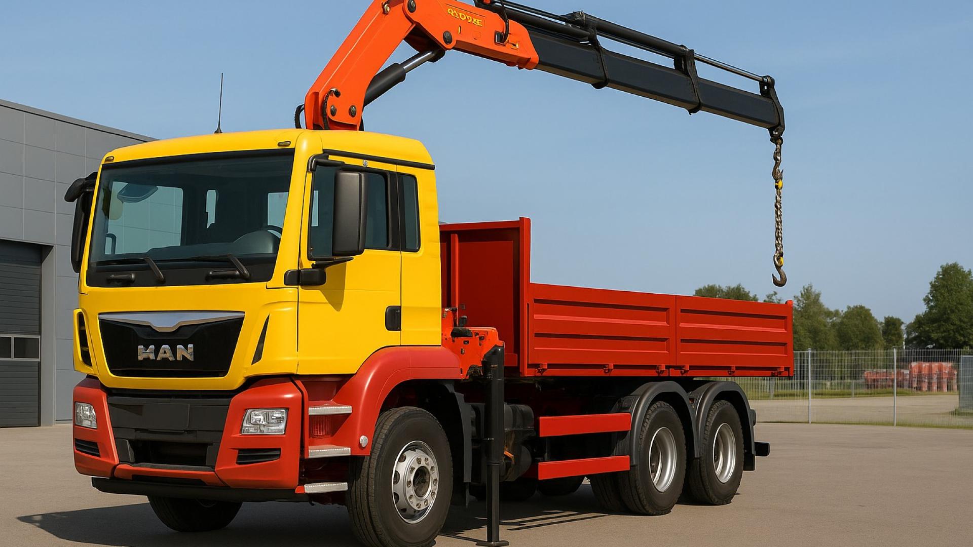 Moderner MAN-Lkw mit hydraulischem Kranaufbau – ideal für Ankauf gebrauchter oder defekter Kranfahrzeuge.