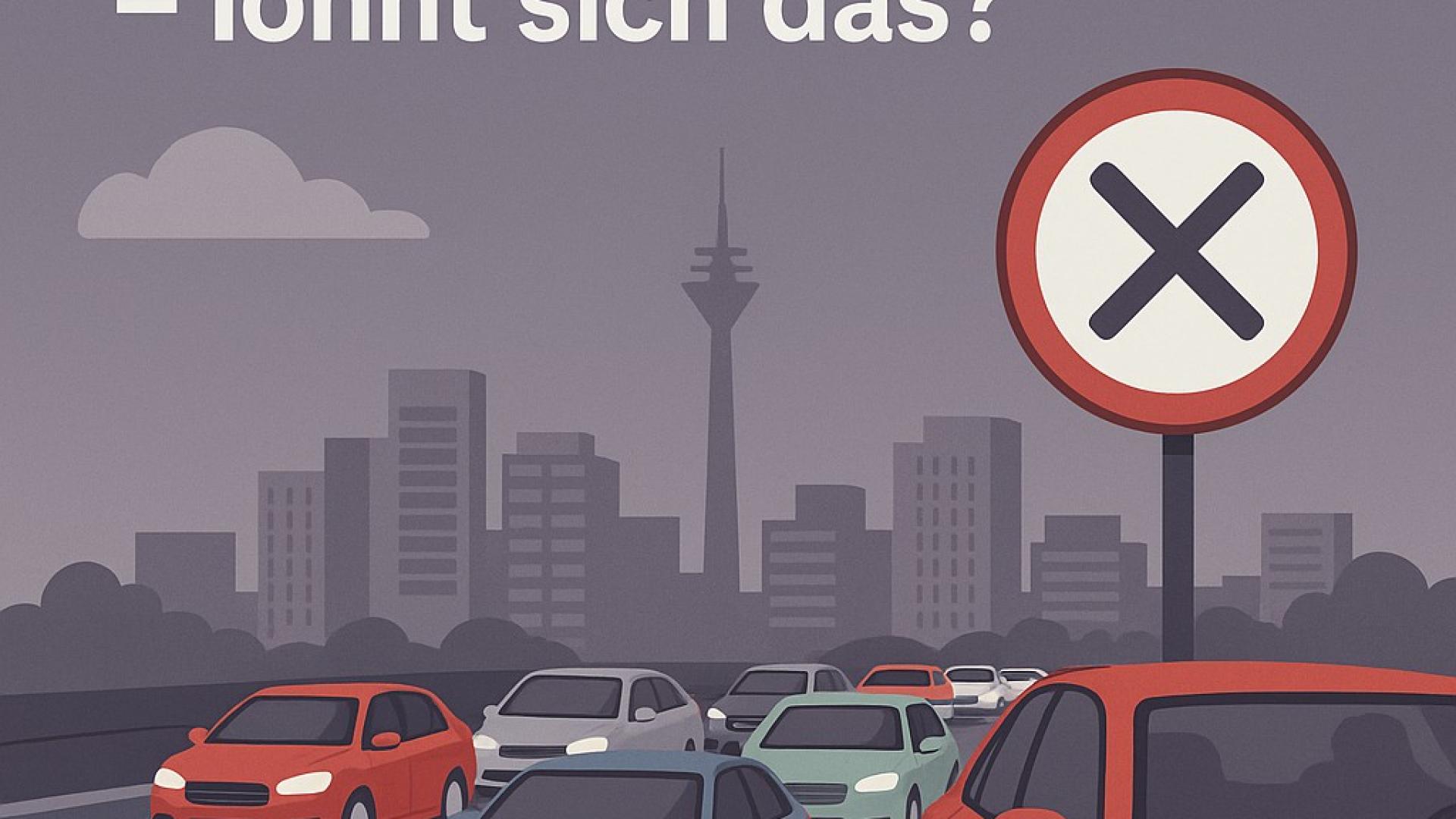 Illustration zeigt dichten Verkehr auf einer Düsseldorfer Stadtautobahn mit Skyline und Verkehrsschild – symbolisiert den Zeitverlust durch Staus und den Trend zum Zweitwagenverkauf.