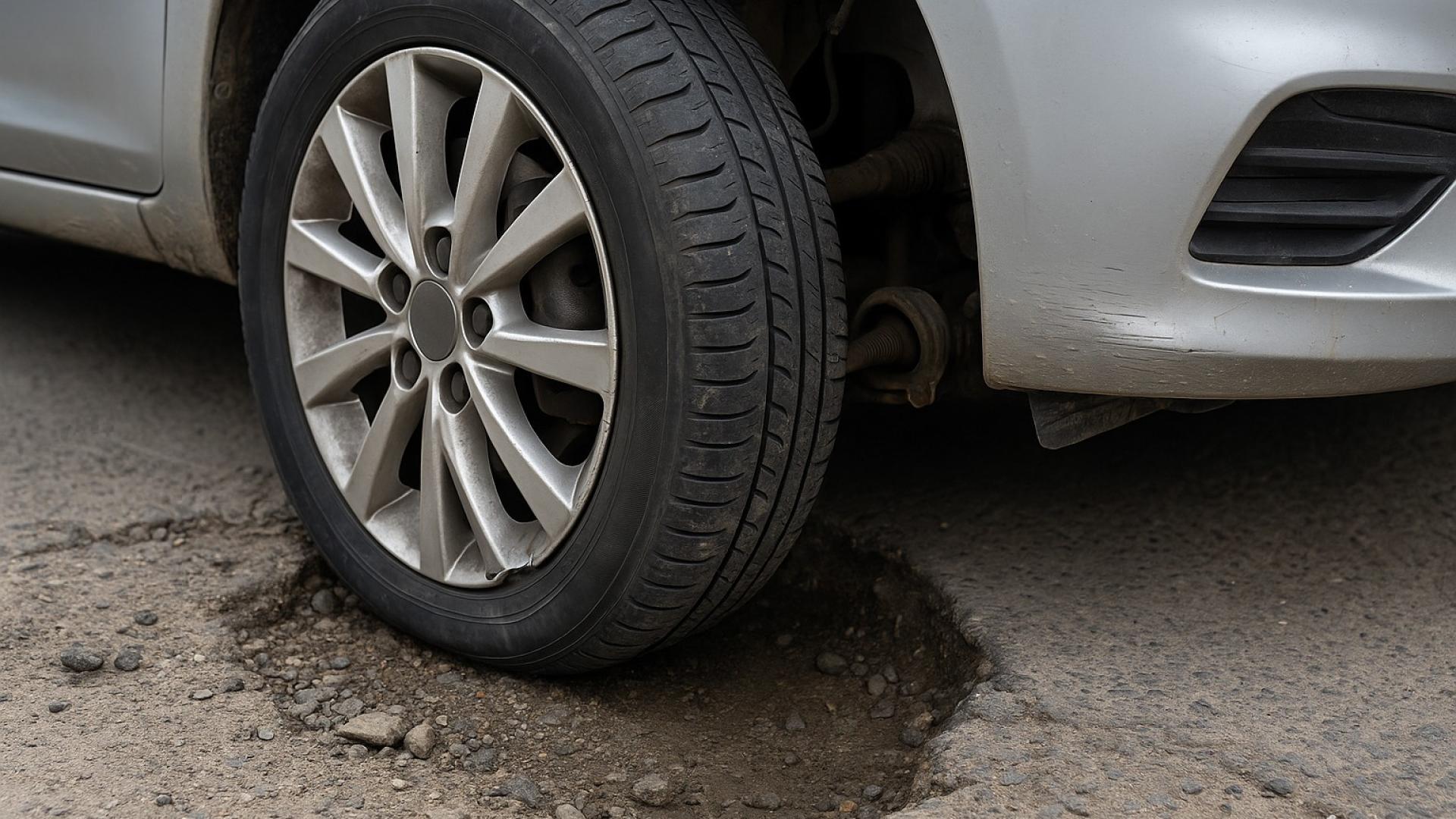 Nahaufnahme eines Autoreifens in einem tiefen Schlagloch mit sichtbaren Beschädigungen an Felge und Stoßstange auf rissiger Straße.