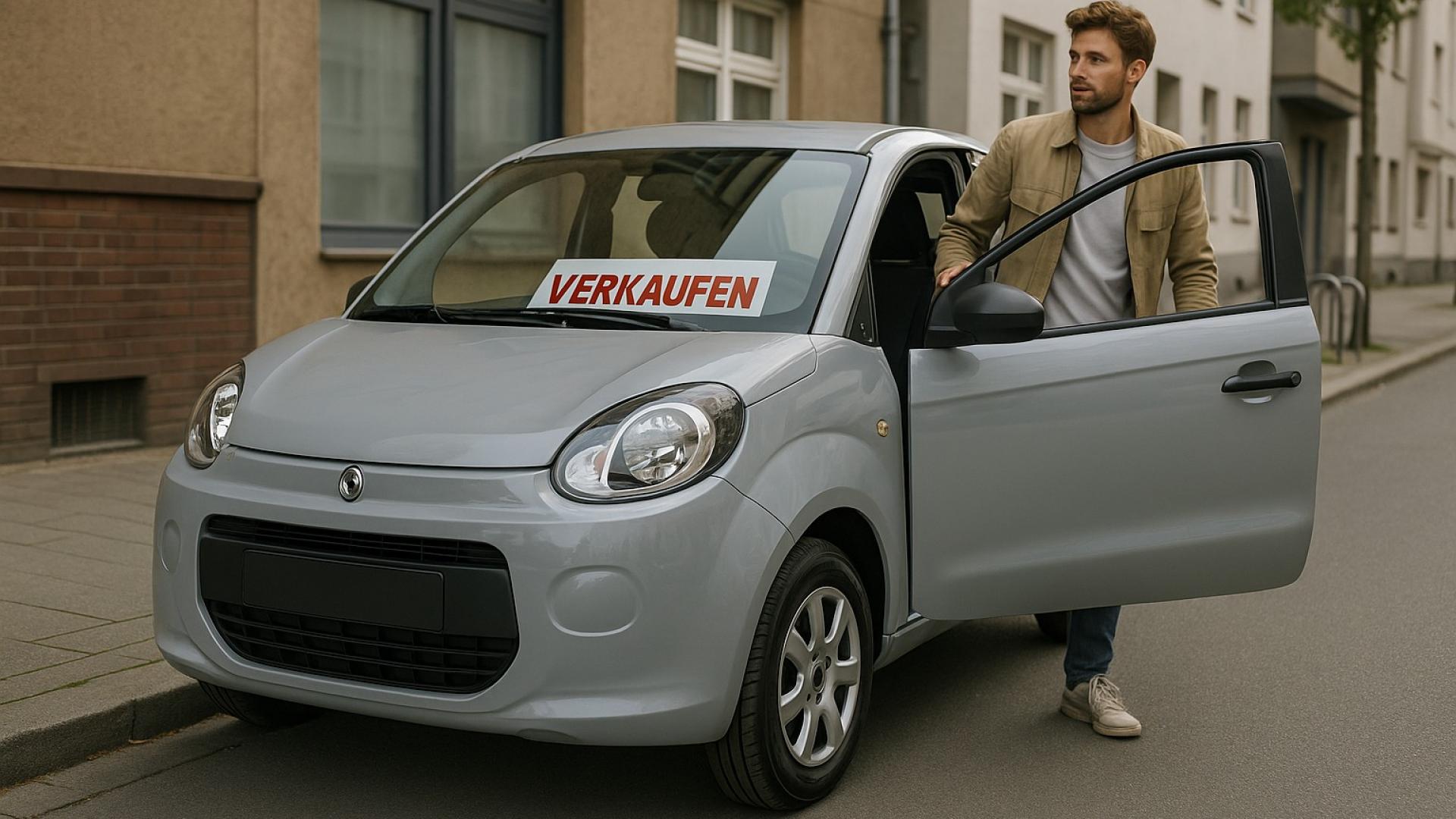 Graues Microcar mit rotem „Verkaufen“-Schild in der Windschutzscheibe, junger Mann öffnet die Fahrertür in ruhiger Stadtstraße – ideal für die Kategorie „Mopedauto verkaufen“.