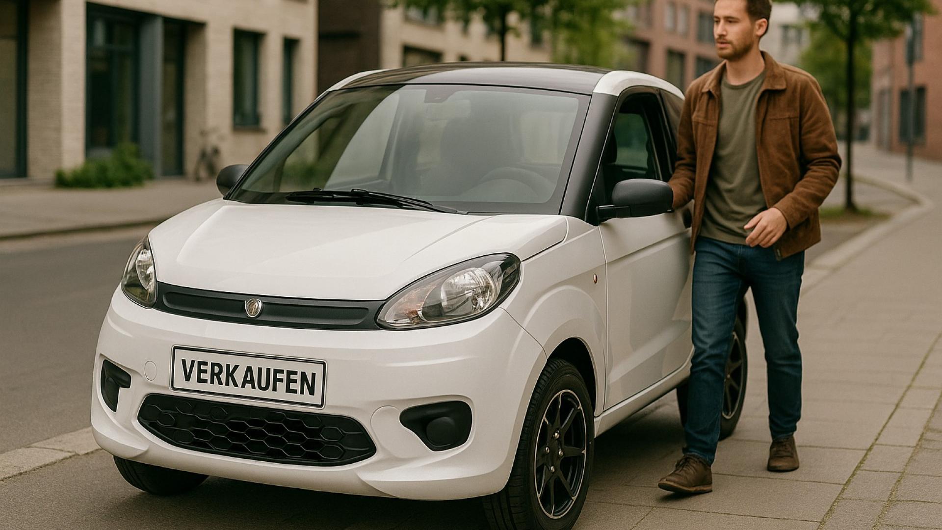 Modernes Mopedauto mit „Verkaufen“-Schild am Straßenrand – junger Mann steigt aus, urbaner Hintergrund. Perfekt für die Kategorie „Microcar verkaufen“.