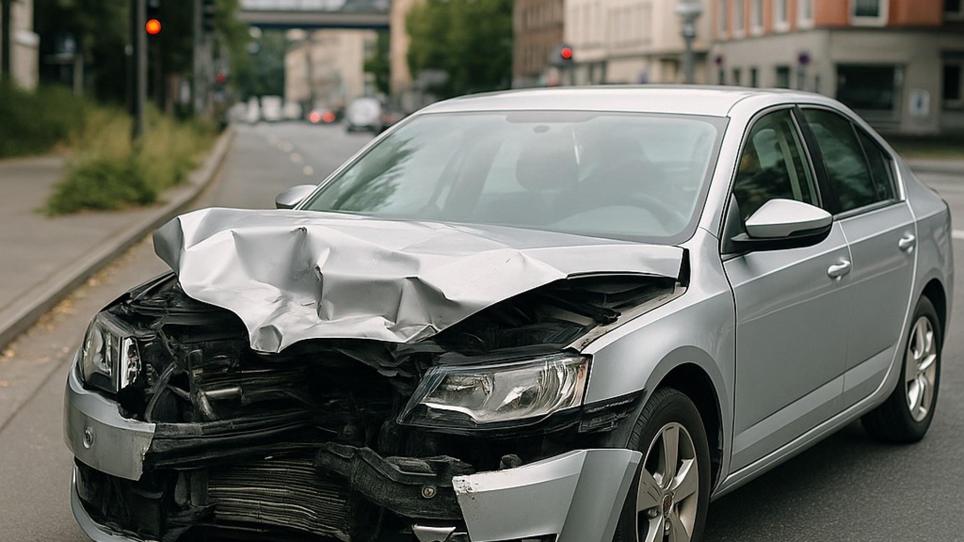 Silberner PKW mit Frontschaden nach Unfall auf innerstädtischer Straße in Wuppertal. Deutlich sichtbarer Totalschaden an der Fahrzeugfront.