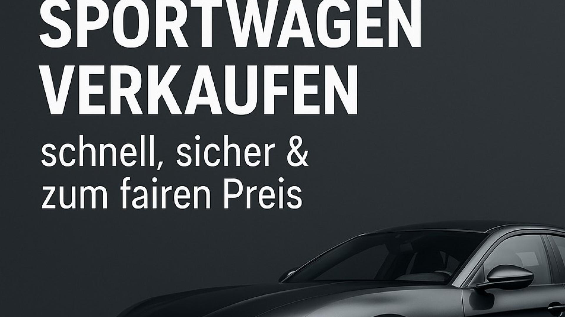 Promobild für Autoankauf ADAM mit modernem Sportwagen und Text: „Sportwagen verkaufen – schnell, sicher & zum fairen Preis“.