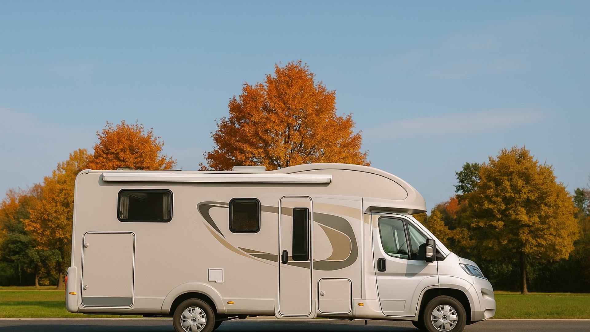 Beiges Wohnmobil im Herbst vor bunten Laubbäumen – ideal zur Illustration eines Wohnmobilverkaufs nach dem Urlaub.