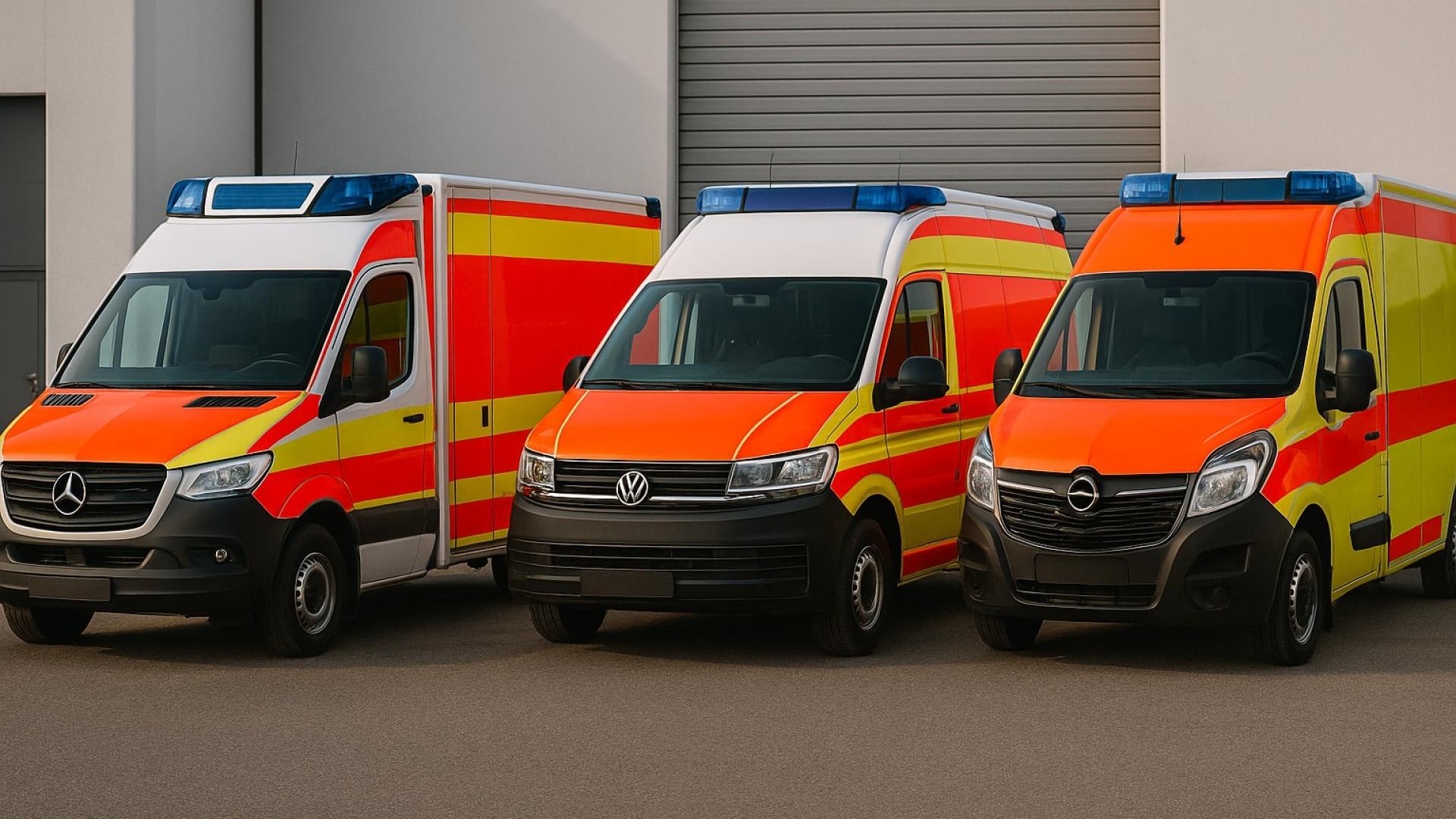 Ambulanzfahrzeuge von Mercedes, VW, Ford & Opel in realistischer Darstellung – ideal für Ankauf, Verkauf oder Fuhrparkpräsentation.